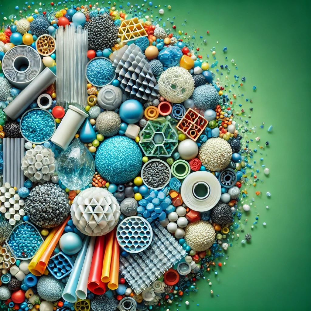 DALL·E 2025-02-21 11.51.57 - A visually striking image of various polymer materials and their byproducts, including plastic pellets, resin granules, and polymer sheets. The image